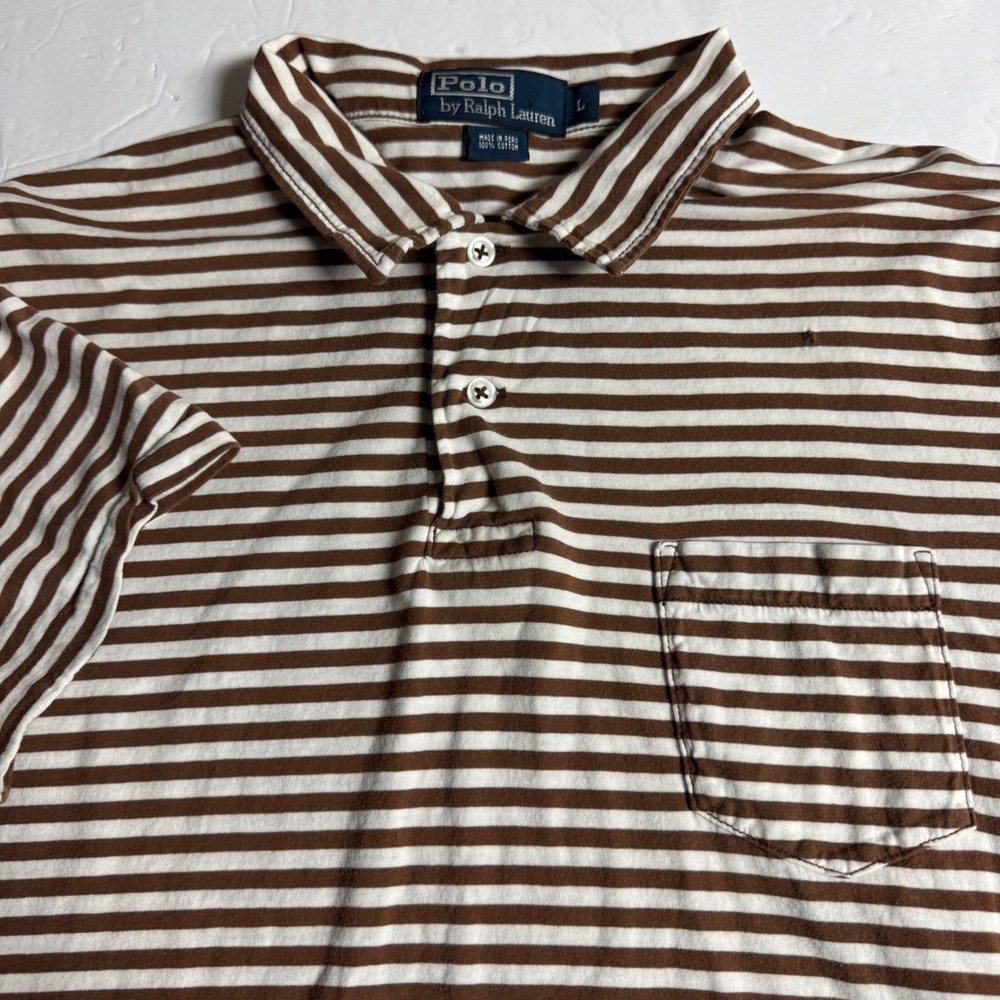 Polo Ralph Lauren Mens Large Brown White Striped Cotton Pocket Polo Shirt L